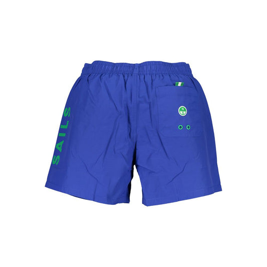 North Sails Blue Cotton Swimwear with elastic waist, two side pockets, and a rear pocket featuring contrast details and logo application.