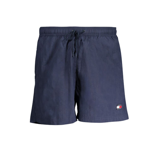 Tommy Hilfiger Blue Nylon Swimwear medium swimming boxer with logo patch, elastic waist, and drawstring, made from 95% recycled nylon.