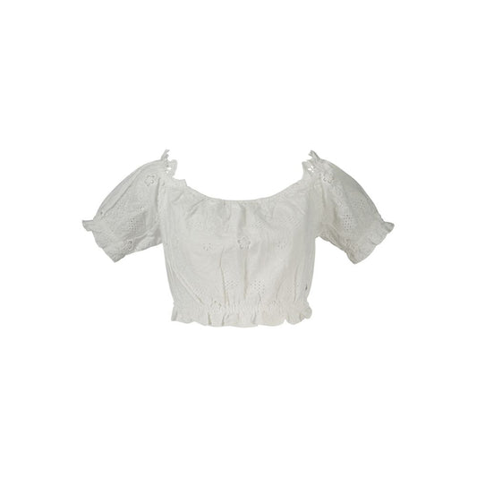 Guess Jeans White Cotton Shirt with short sleeves, boat neckline, elastic waist, contrasting details, and logo.