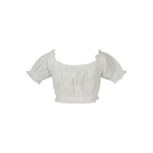Guess Jeans White Cotton Shirt with short sleeves, boat neckline, elastic waist, and logo, featuring contrasting details.
