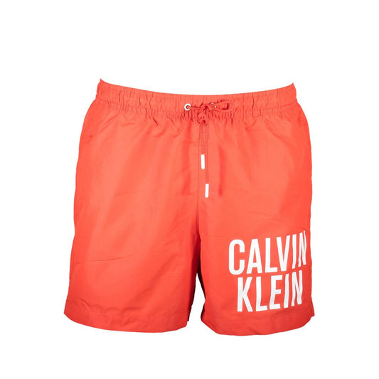 Calvin Klein Red Polyester Swimwear with pockets, elastic waist, and logo print, 100% recycled material.