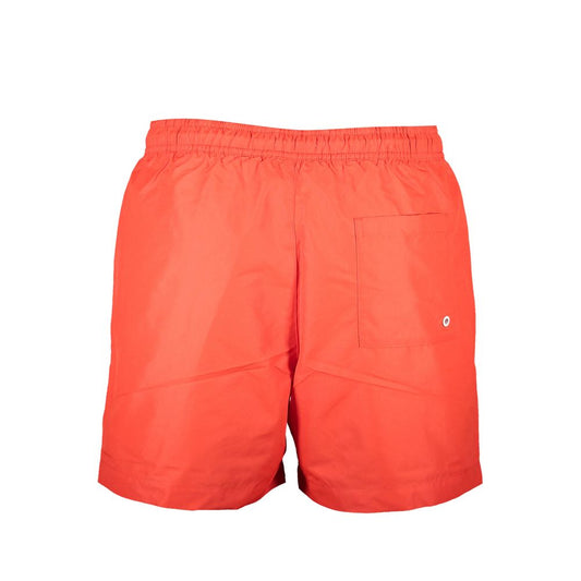 Calvin Klein Red Polyester Swimwear, medium swim boxer with elastic waist, back pocket, and logo, made of 100% recycled polyester.
