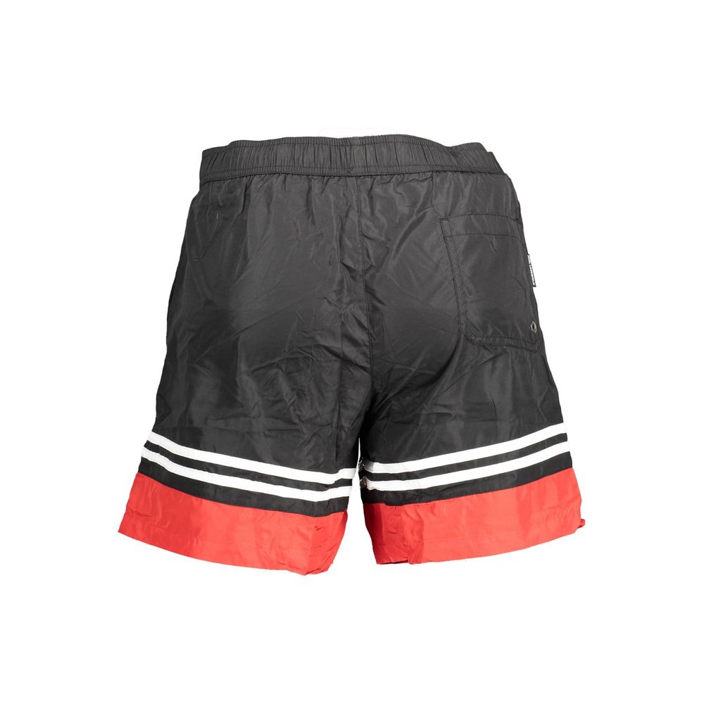 Karl Lagerfeld Black Polyester Swimwear - black short swim boxer with red and white accents, elastic waist, back pocket, and logo.