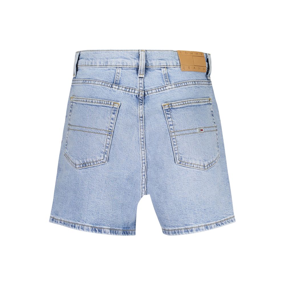 Back view of Tommy Hilfiger Blue Cotton Short with 5 pockets, button and zip closure, embroidery logo, and 50% regenerative cotton.