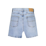 Back view of Tommy Hilfiger Blue Cotton Short with 5 pockets, button and zip closure, embroidery logo, and 50% regenerative cotton.