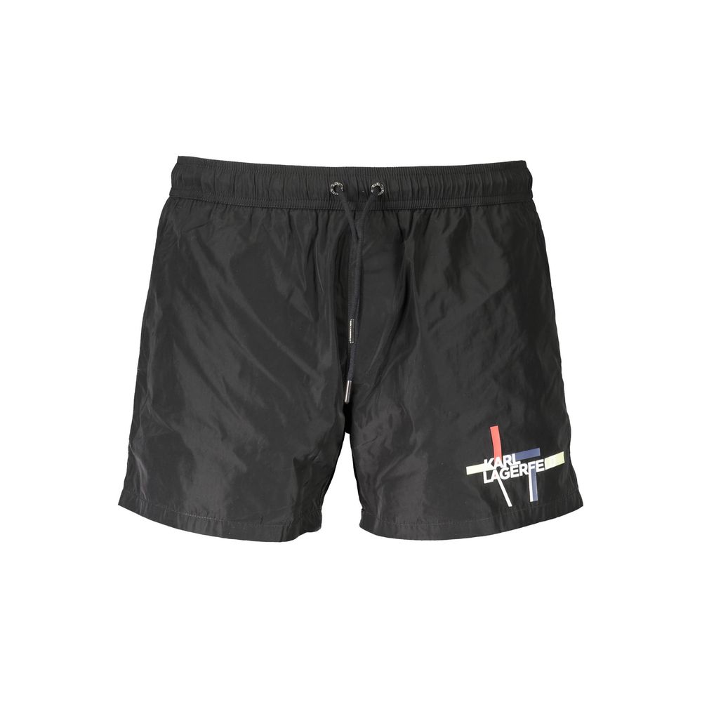 Karl Lagerfeld Black Polyester Swimwear with logo and lace, featuring pockets and inner briefs.