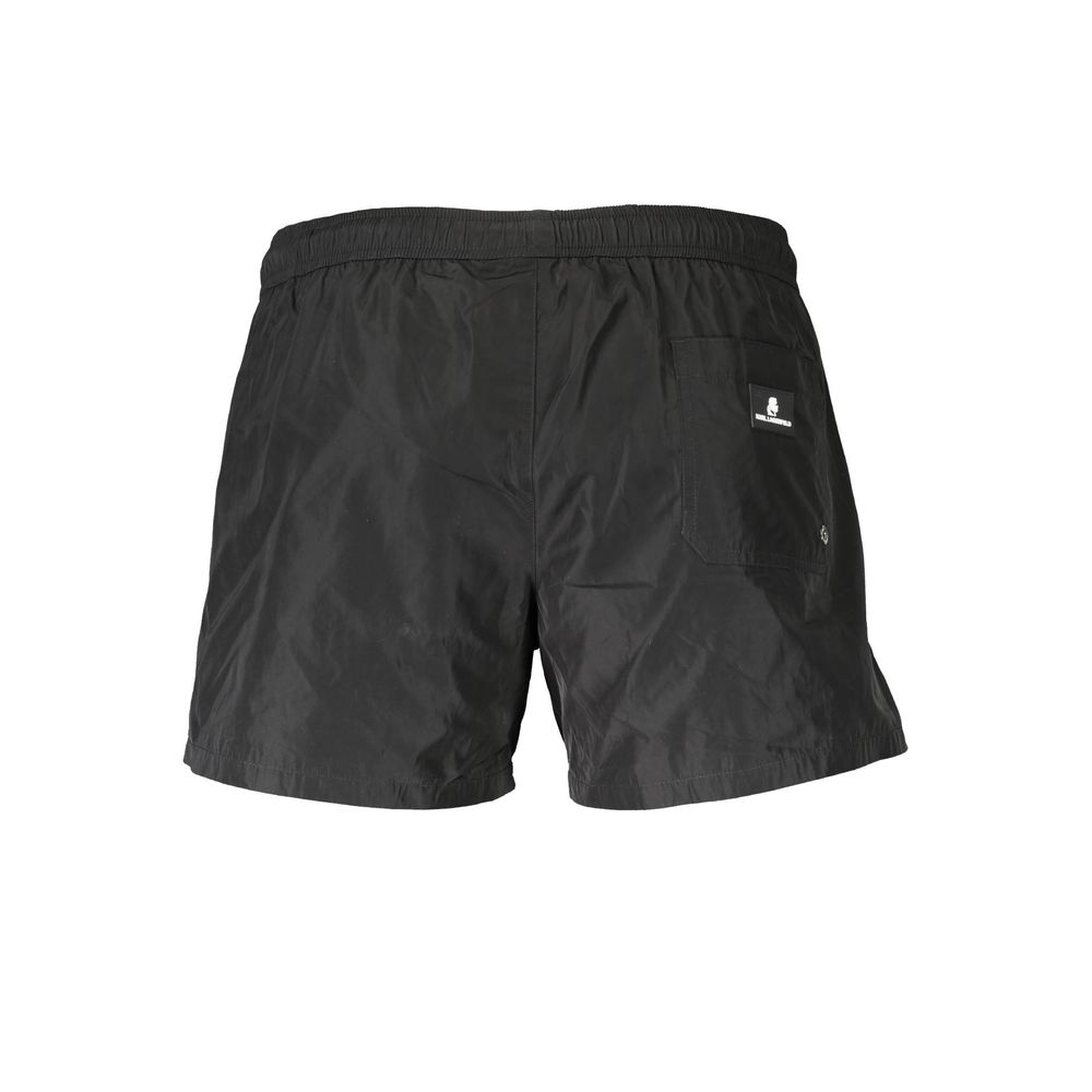 Karl Lagerfeld Black Polyester Swimwear short boxer with pockets and logo, featuring lace ties and inner briefs.