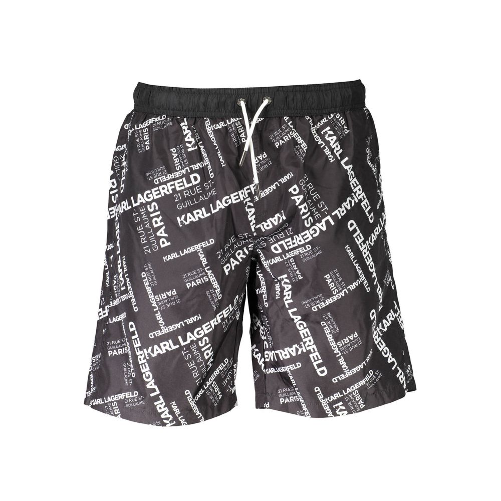 Karl Lagerfeld Black Polyester Swimwear with logo print, long sea boxer style, two pockets, lace details, and interior briefs.