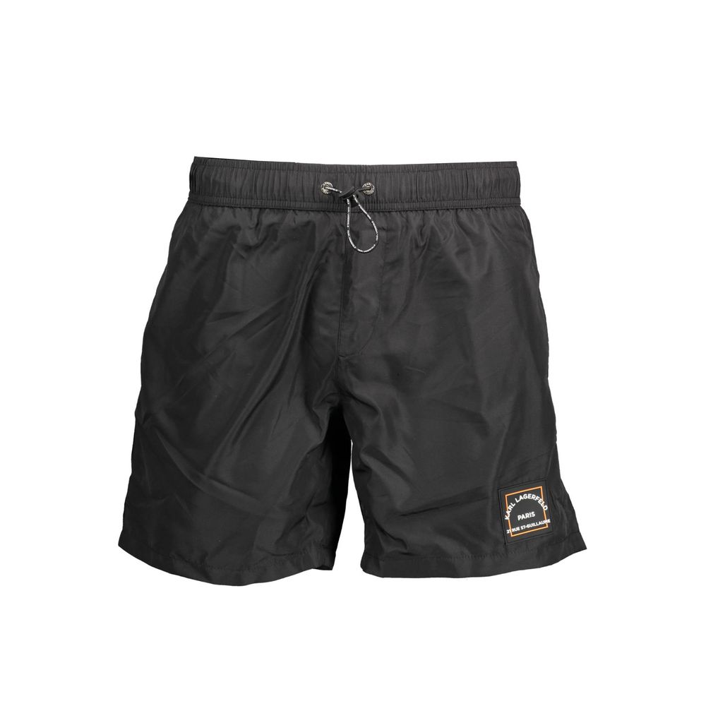 Karl Lagerfeld Black Polyester Swimwear, medium sea boxer with elastic waistband, logo, and drawstring for a stylish beach look.