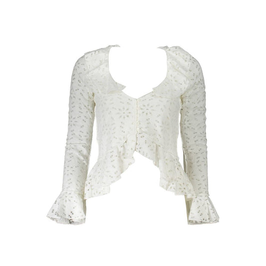 Desigual White Cotton Shirt with long sleeves, V neckline, elastic cuffs, and contrasting details.