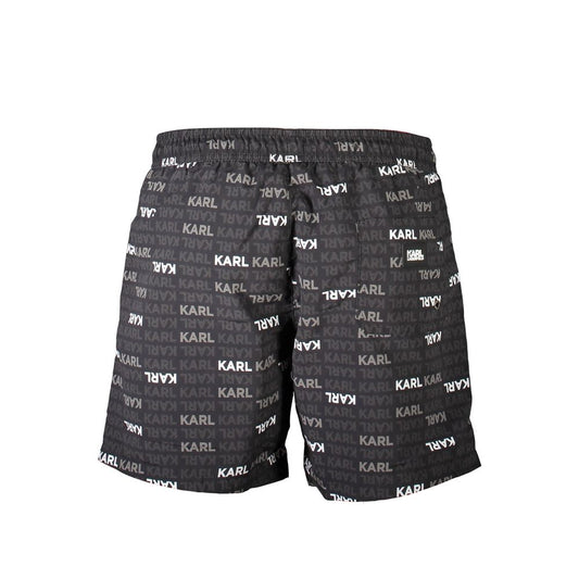 Karl Lagerfeld Black Polyester Swimwear featuring medium beach boxer, elastic waistband, contrasting print, and logo design.