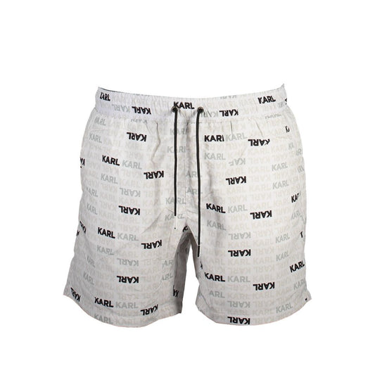 Karl Lagerfeld White Polyester Swimwear medium beach boxer with elastic waistband and logo print, featuring pockets and contrasting details.