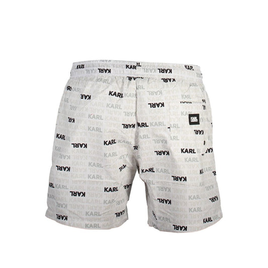 Karl Lagerfeld White Polyester Swimwear medium beach boxer with logo print, elastic waistband, pockets, and contrasting details.