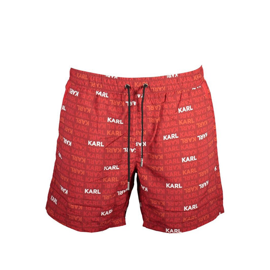 Karl Lagerfeld Red Polyester Swimwear with elastic waist, lace ties, and logo print. Features medium swim boxer cut with pockets.