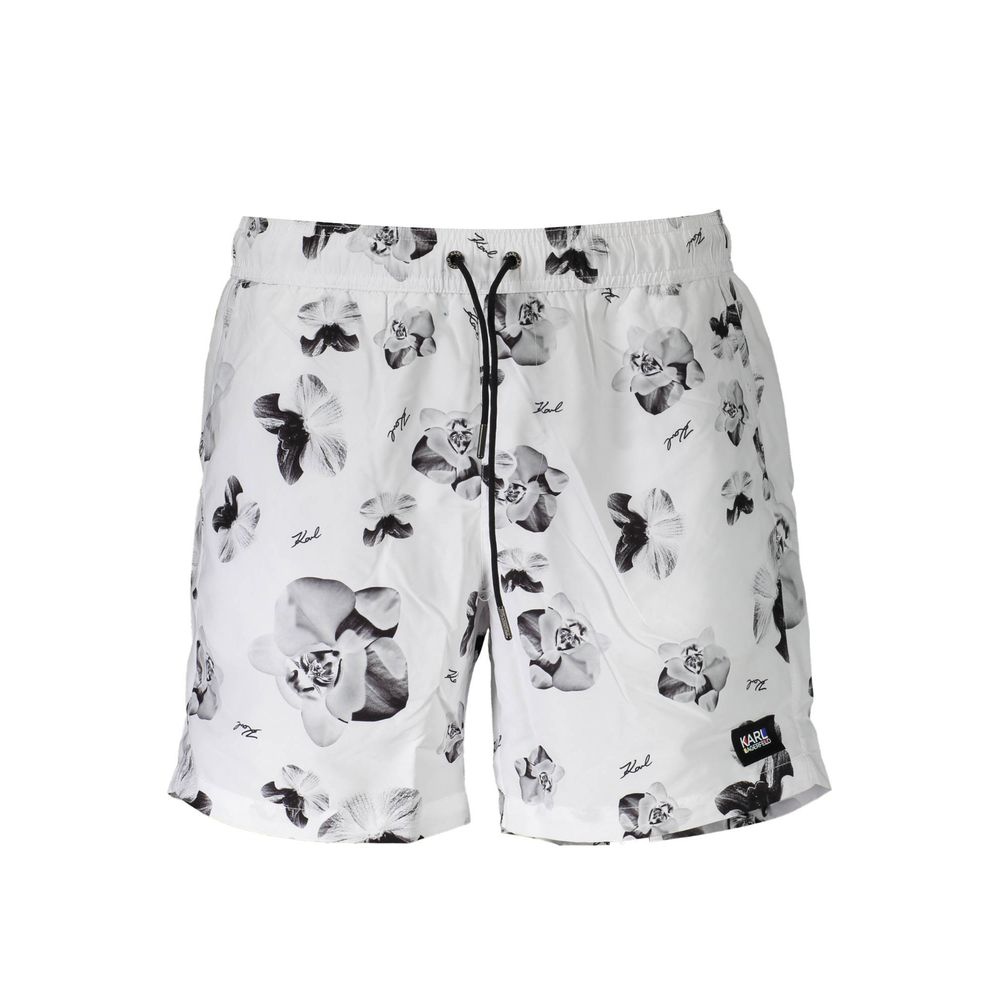 Karl Lagerfeld White Polyester Swimwear featuring floral pattern with medium swim boxer, 2 pockets, 1 back pocket, and laces.