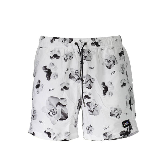 Karl Lagerfeld White Polyester Swimwear featuring floral pattern with medium swim boxer, 2 pockets, 1 back pocket, and laces.