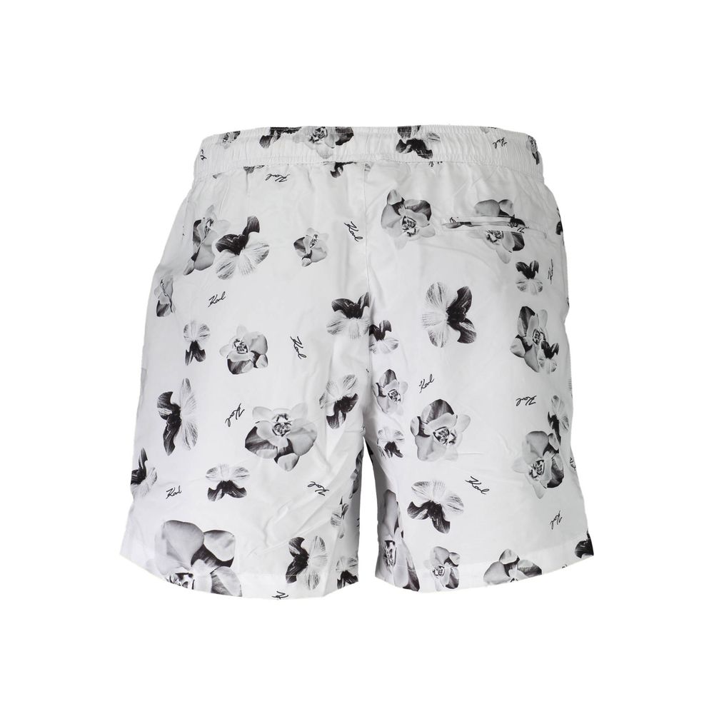 Karl Lagerfeld White Polyester Swimwear, medium swim boxer with 2 pockets, back pocket, and logo design.
