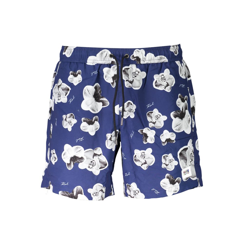 Karl Lagerfeld Blue Polyester Swimwear, medium swim boxer with two pockets, back pocket, inside slip, and lace details.