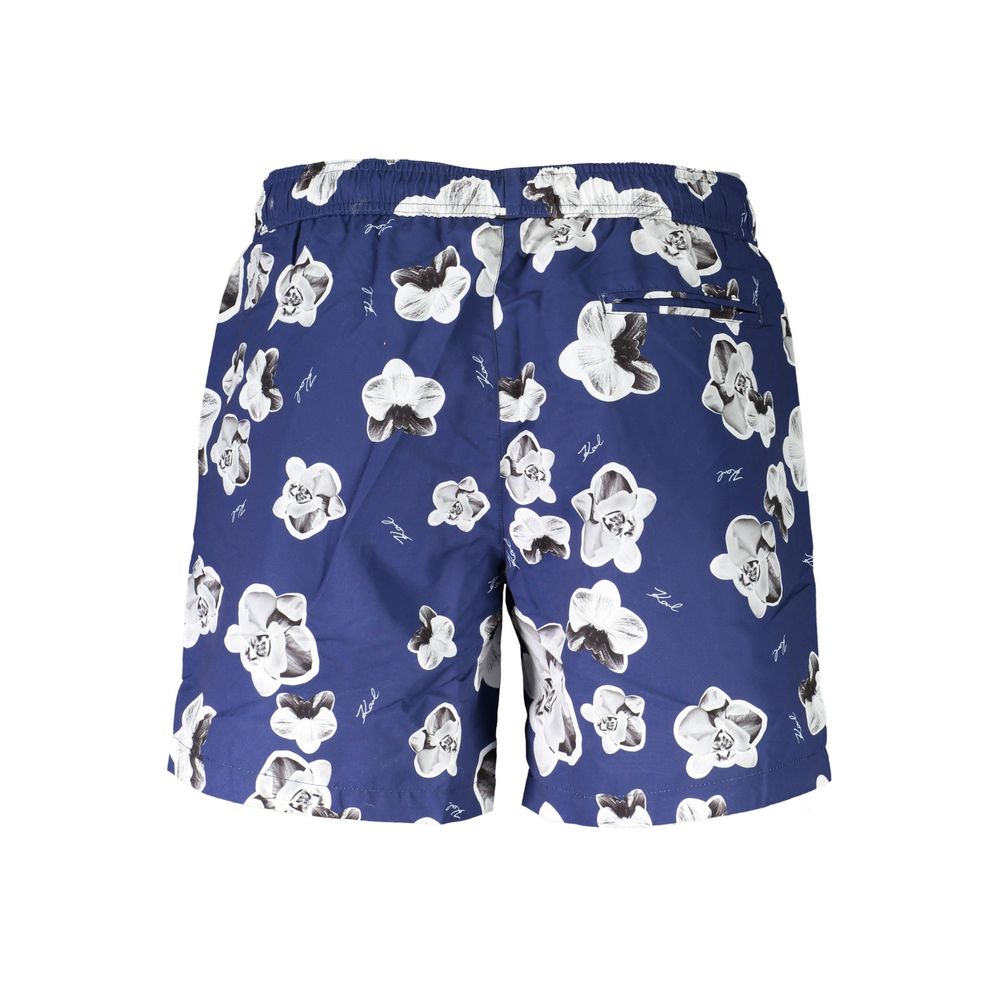 Karl Lagerfeld Blue Polyester Swimwear with floral pattern, featuring medium swim boxer style, two pockets, back pocket, and logo