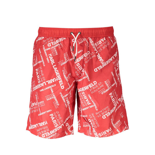 Karl Lagerfeld Red Polyester Swimwear with logo, long beach boxer style featuring 2 side pockets, back pocket, and interior slip with laces.