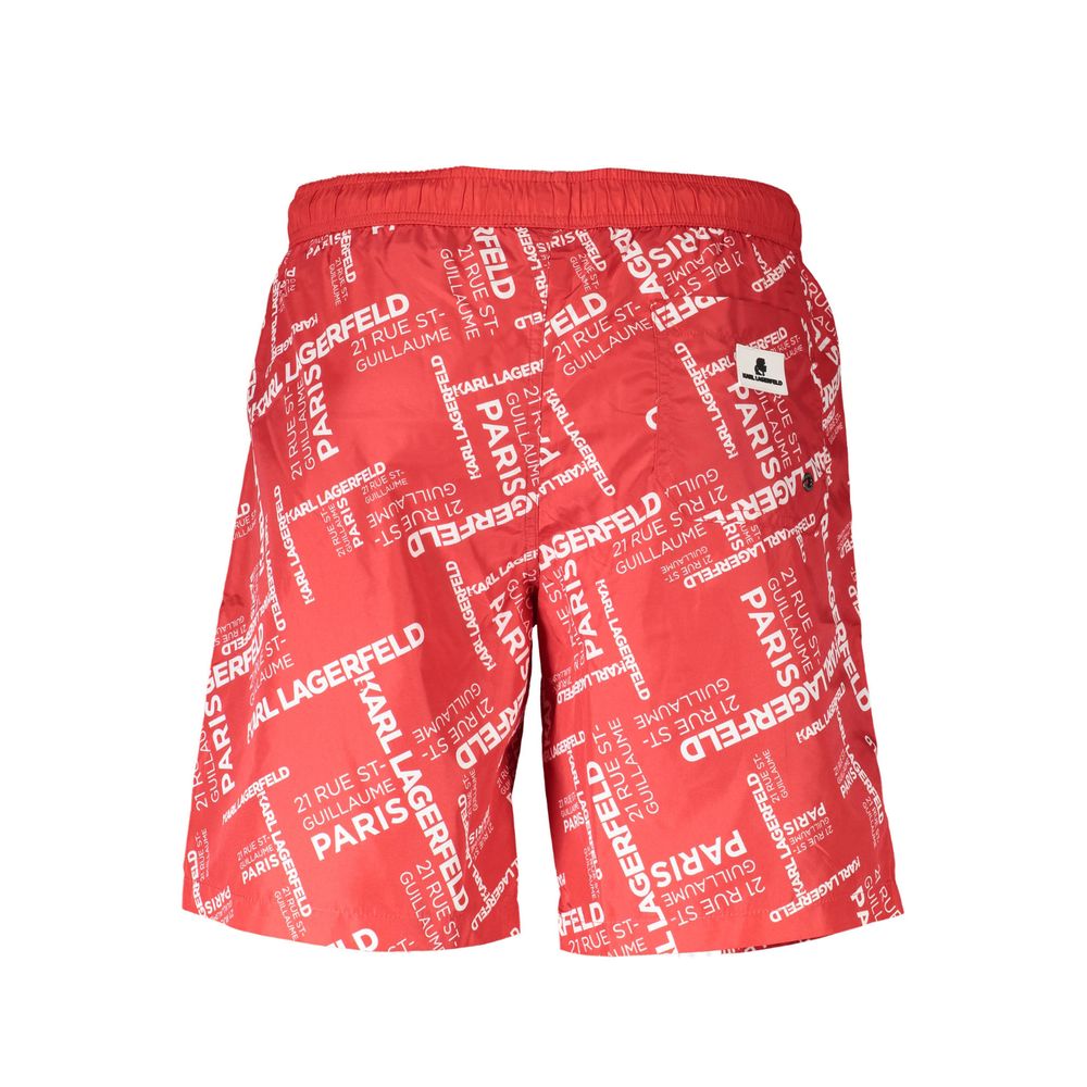 Karl Lagerfeld Red Polyester Swimwear featuring logo print, long beach boxer style with two side pockets and a back pocket.