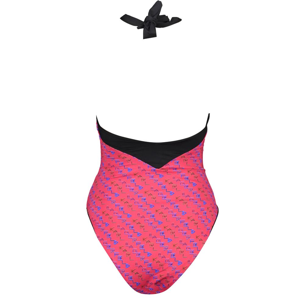 Karl Lagerfeld Red Elastane Swimwear with neck tie, printed logo, lined interior, full swimsuit.