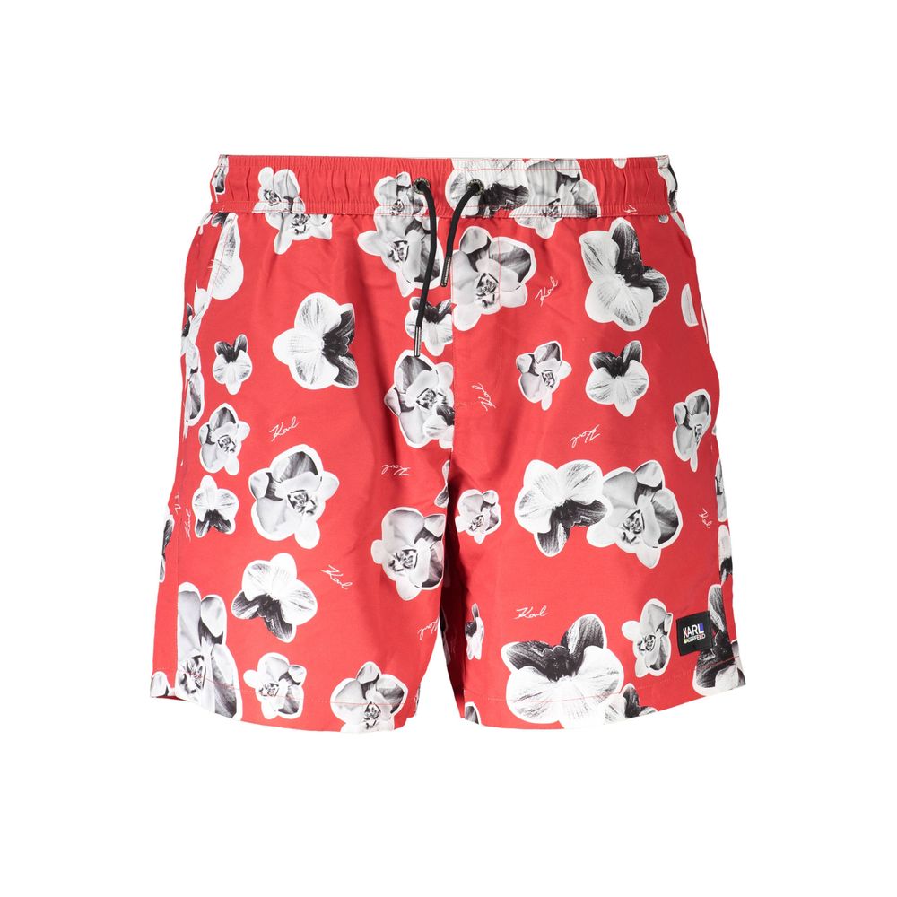 Karl Lagerfeld Red Polyester Swimwear with floral design, medium swim boxer, 2 side pockets, back pocket, internal slip, logo displayed