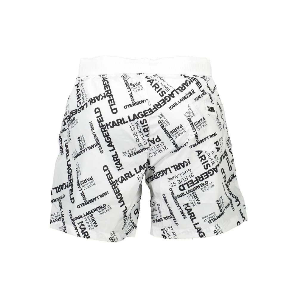 Karl Lagerfeld White Polyester Swimwear, medium swim boxer with logo print, two pockets, back pocket, slip lining, and laces.