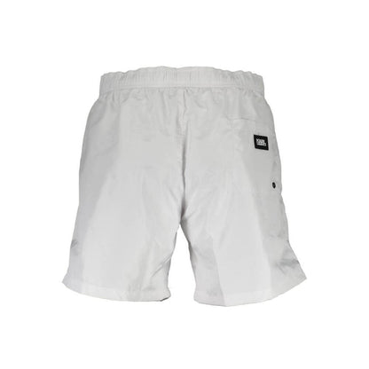 Karl Lagerfeld White Polyester Swimwear medium swim boxer with elastic waist, back pocket, and logo on back.
