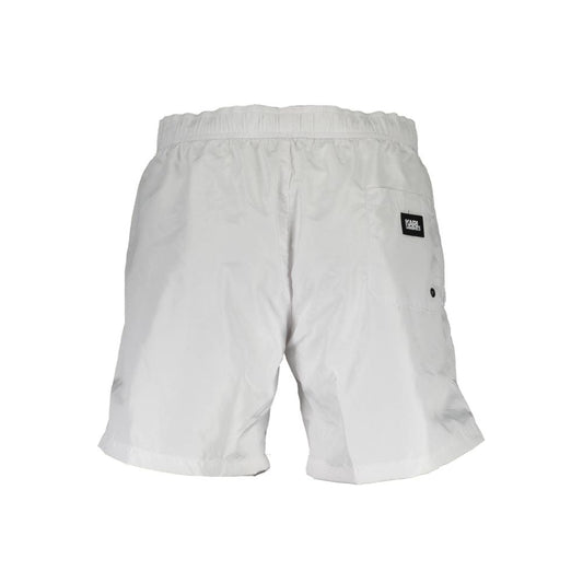 Karl Lagerfeld White Polyester Swimwear, medium swim boxer with elastic waist, 2 pockets, 1 back pocket, logo patch on the side.