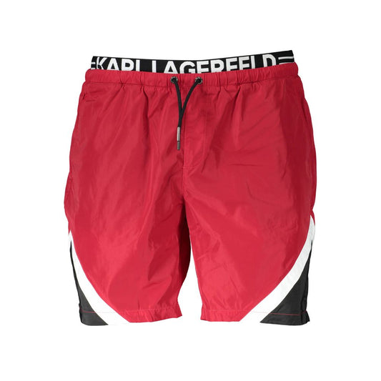 Karl Lagerfeld Red Polyester Swimwear, medium swim boxer with laces and logo detailing, three pockets, contrasting design.
