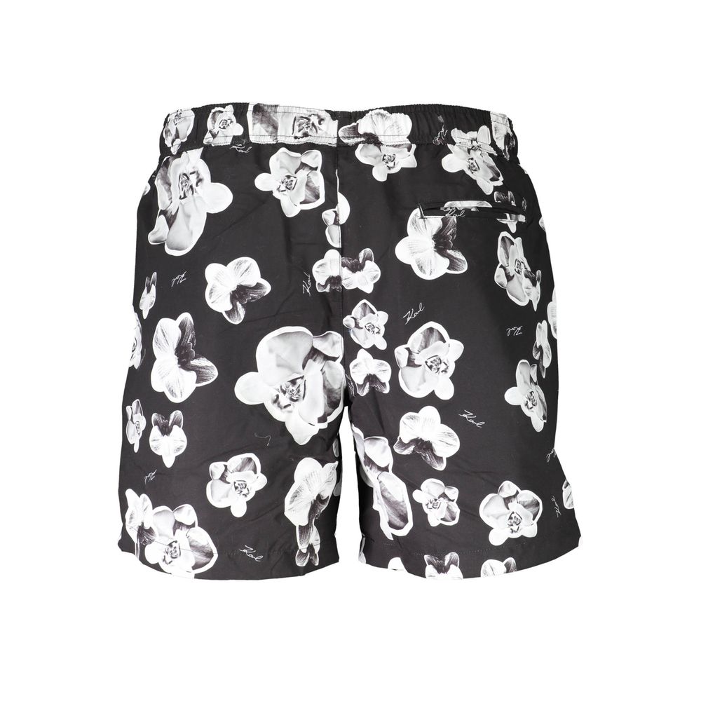 Karl Lagerfeld Black Polyester Swimwear with floral print, medium swim boxer featuring 2 pockets, back pocket, and inside slip with laces.