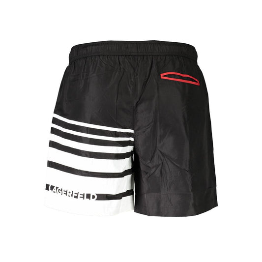 Karl Lagerfeld Black Polyester Swimwear medium swim boxer with 2 pockets, 1 back pocket, inside slip, laces, print, and logo.