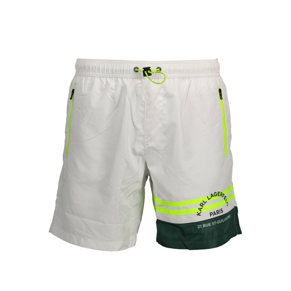Karl Lagerfeld White Polyester Swimwear with zip pockets, elastic waist, drawstring, and contrasting details.