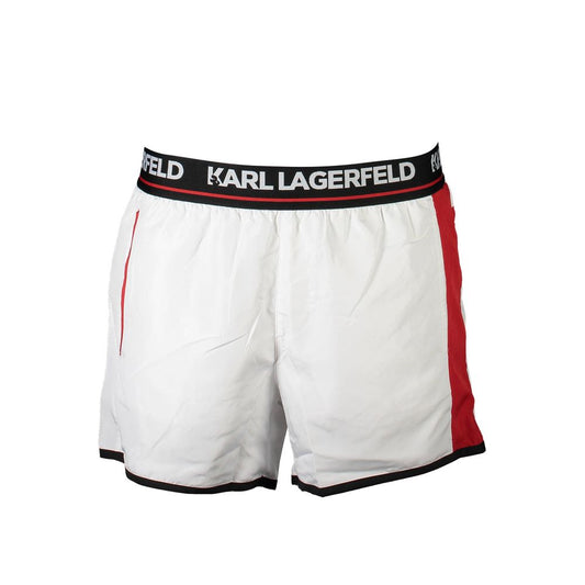 Karl Lagerfeld White Polyester Swimwear, short swim boxer with elastic waist, two pockets, contrasting details, and logo.