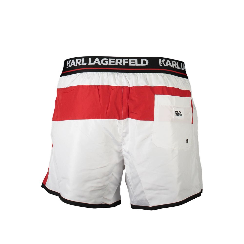 Karl Lagerfeld White Polyester Swimwear with elastic waist and contrasting red details, featuring pockets and branded logo.