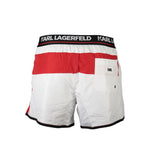 Karl Lagerfeld White Polyester Swimwear with elastic waist and contrasting red details, featuring pockets and branded logo.