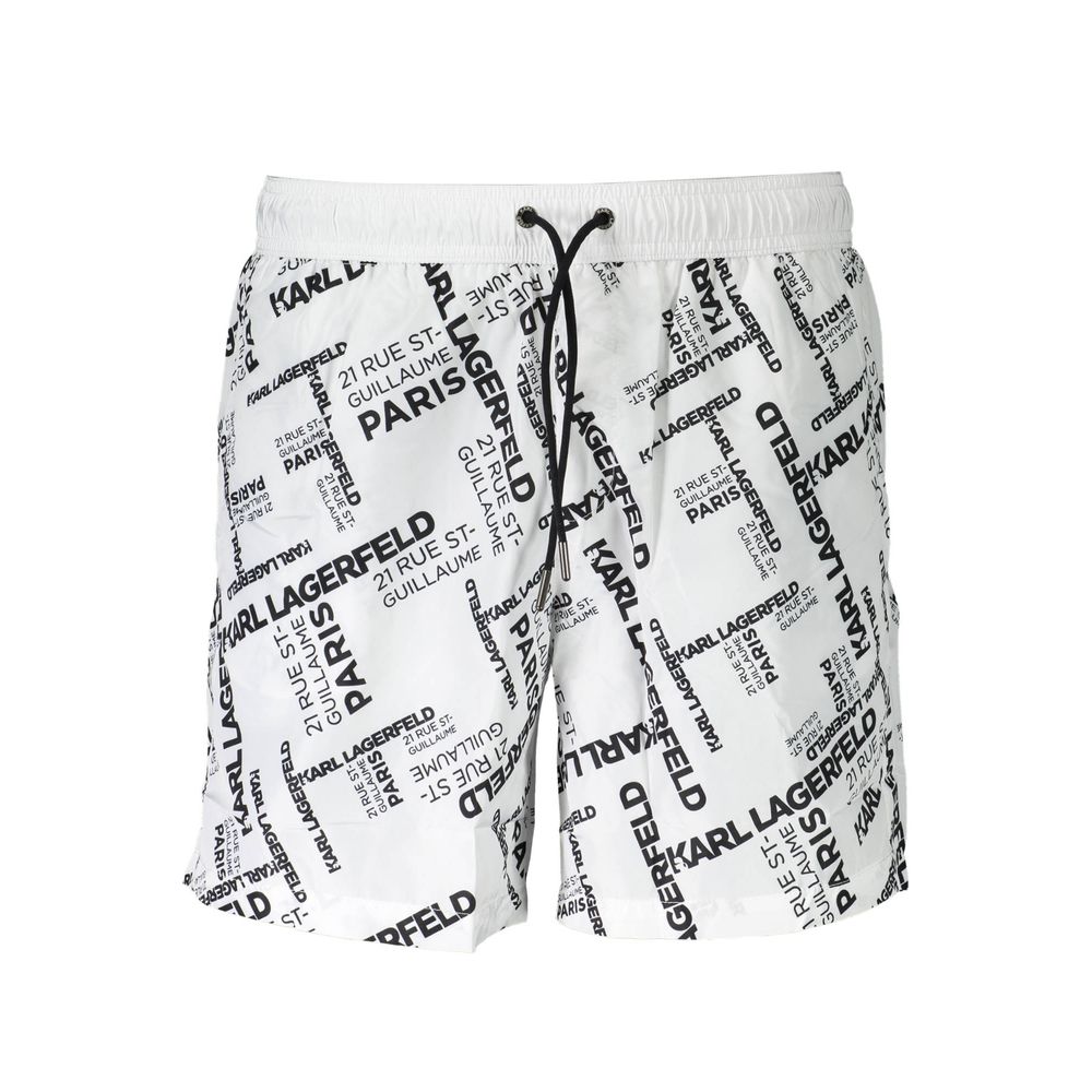 Karl Lagerfeld White Polyester Swimwear, medium swim boxer with two pockets, back pocket, inside slip, laces, logo design.