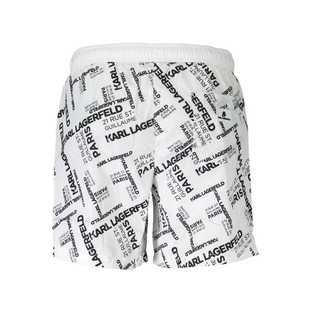 Karl Lagerfeld White Polyester Swimwear with logo design, medium swim boxer, featuring two pockets, one back pocket, and laces.