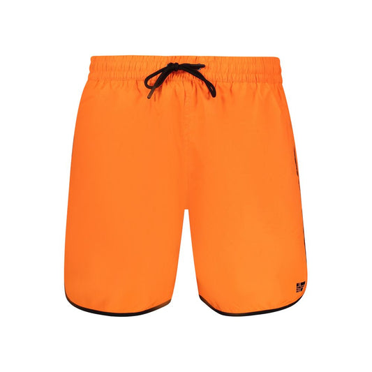 Norway 1963 Orange Polyamide Swimwear, swim boxer with slip, elastic waist laces, logo, contrasting details, pockets, front view