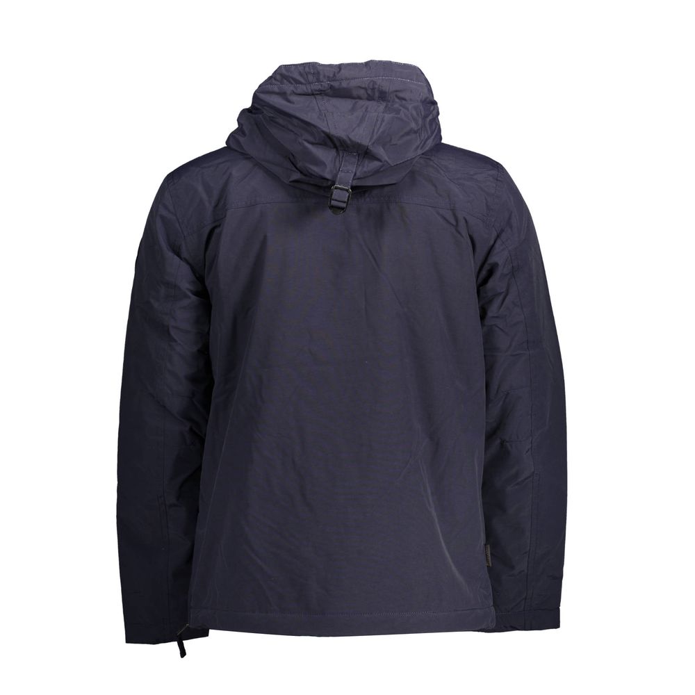 Napapijri Blue Polyamide Jackets & Coat with hood, long sleeves, central pocket, and side zip, 30% recycled materials.