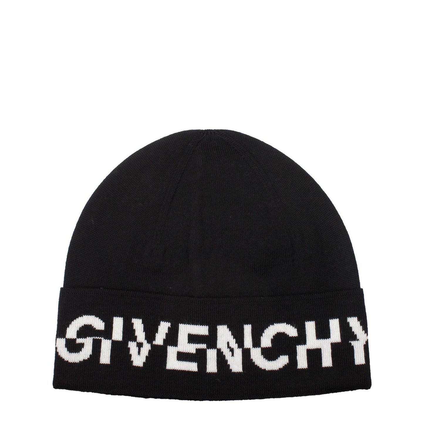 Givenchy Black Wool Beanie with white logo detailing, made from 100% wool, shown in a casual style.