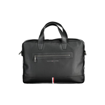 Tommy Hilfiger Black Polyethylene Handbag with two handles, external pocket, and adjustable strap, showcasing a sleek design.