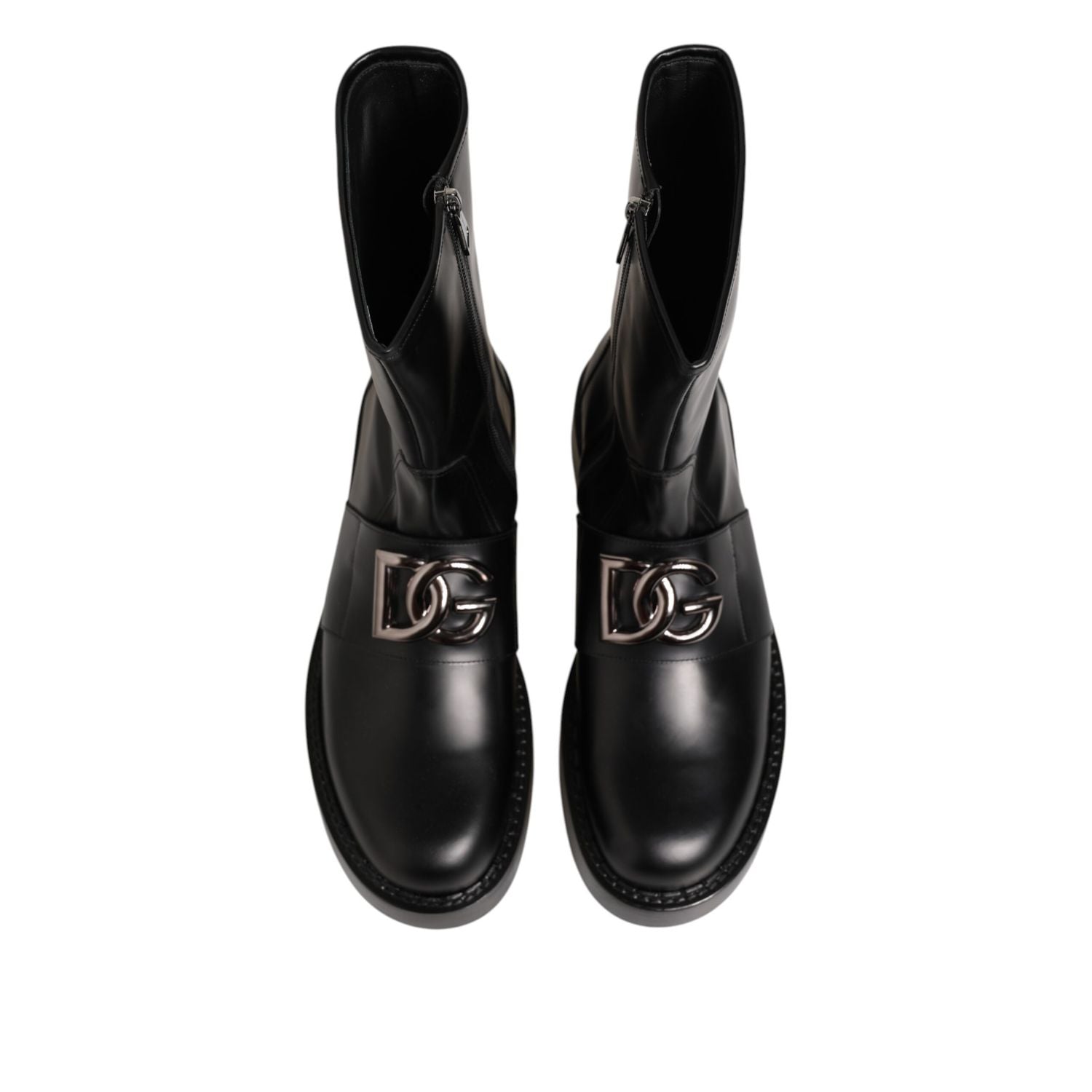 Dolce & Gabbana Black Logo Plaque Mid Calf Biker Boots Shoes