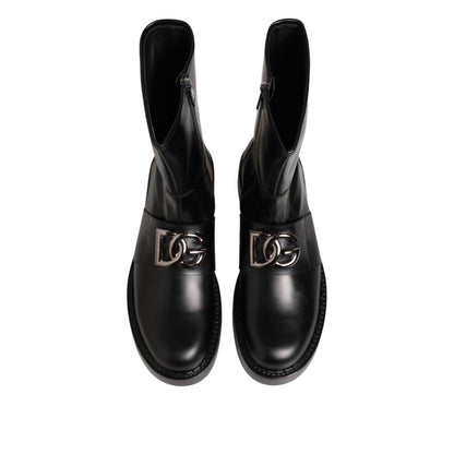 Dolce & Gabbana Black Logo Plaque Mid Calf Biker Boots Shoes