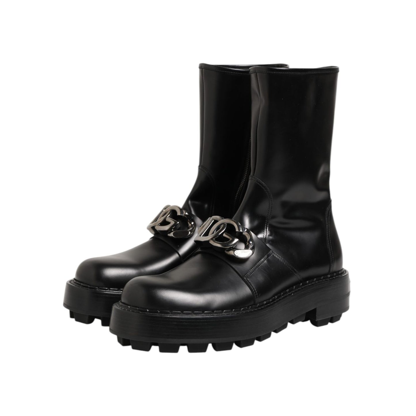 Dolce & Gabbana Black Logo Plaque Mid Calf Biker Boots Shoes