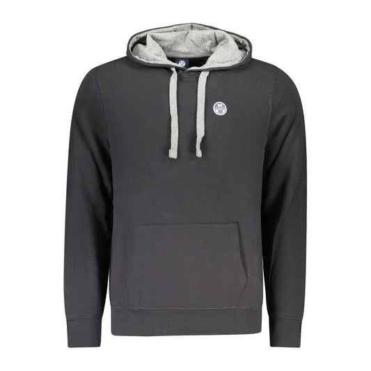 North Sails Black Cotton Sweatshirt with hood and pocket, featuring logo applique and brushed finish for comfort and style.