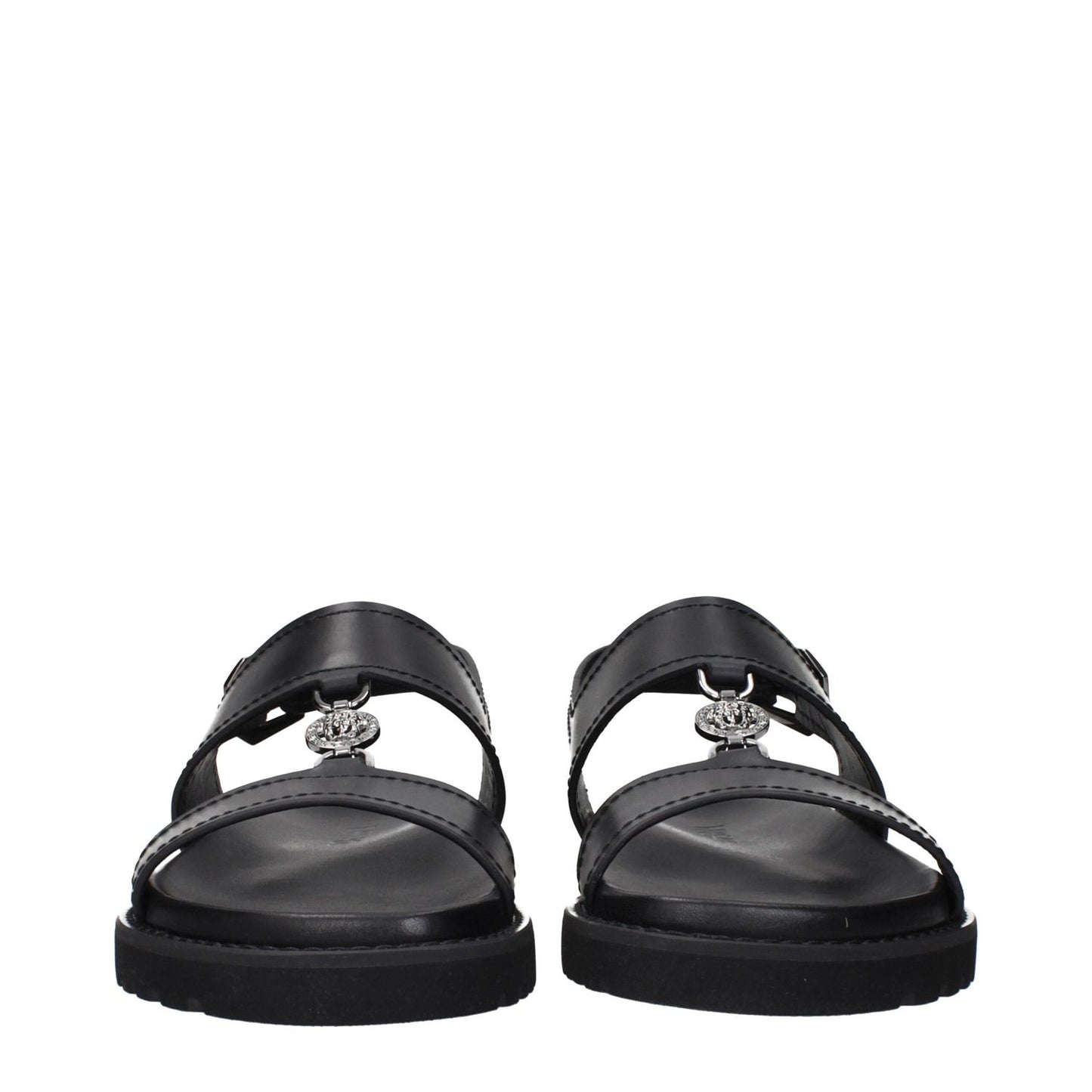 Versace Black Leather Flat Sandals