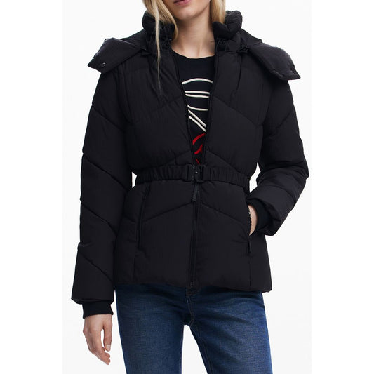 Desigual Black Polyester Women Jacket with removable hood and waist belt, featuring a sleek design for modern fashionistas.