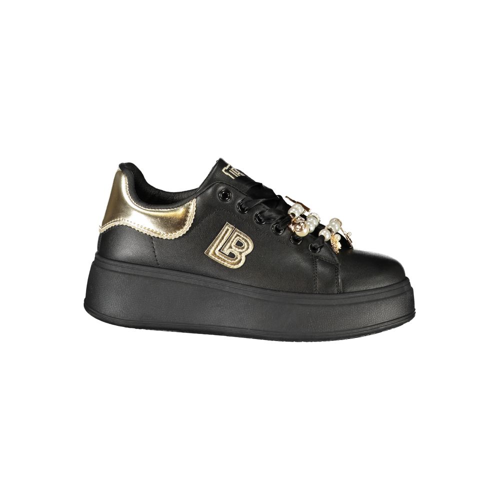 Laura Biagiotti Black Polyester Women Sneaker with 4cm platform and iconic applique for fashion-forward style.